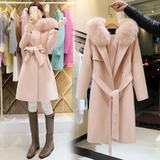 2016春装新款韩版呢子大衣狐狸毛领中长款修身羊毛呢外套女装