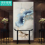 中式古典墙纸壁纸竖版高清国画荷花鲤鱼荷塘莲叶图案玄关大型壁画