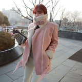 冬季韩版鹿皮绒机车服粉色羊羔毛外套女韩国加绒加厚中长款棉衣潮