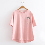 2016夏季新款女装日系可爱猫咪刺绣圆领T恤前短后长百搭短袖上衣
