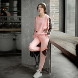 2016春装新款韩版女装休闲钉亮片大码加绒加厚运动裤套装 两件套