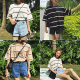 夏装韩国学院风复古撞色条纹宽松短袖T恤女百搭显瘦打底衫上衣女