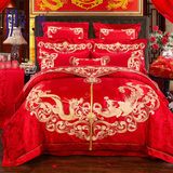 婚庆喜庆四件套床上用品大红色龙凤刺绣花贡缎结婚1.8m六/十件套