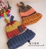 韩国代购新款兔耳朵毛线帽韩版糖果色条纹针织帽女士冬季保暖帽潮