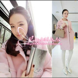 韩国代购2016春装学院风甜美粉色茧型羊毛呢大衣宽松毛呢外套女潮