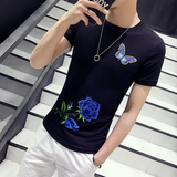 2016夏季男士紧身短袖T恤圆领潮流刺绣玫瑰花韩版修身半袖中袖薄