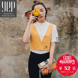 YEP2016夏季新品韩版亮黄色短款修身百搭小马甲外套V领无袖背心女
