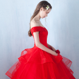 婚纱礼服2016新款夏季韩式新娘红色一字肩大码绑带显瘦齐地蓬蓬裙