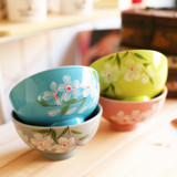 中式手绘花朵陶瓷碗4人套装餐具 创意家用4.5英寸简约汤碗米饭碗