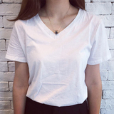 2016年春季韩版小宽松纯色百搭V领棉质短袖T恤女上衣打底衫