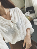 A-YUAN韩国原单秋季新款甜美刺绣长袖T恤女V领宽松女式上衣