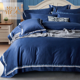 欧式简约地中海风蓝色床品60支贡缎长绒棉四件套纯色床上六件套