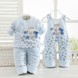 婴儿棉衣套装冬装加厚三件套背带裤3-6-9个月男女宝宝棉袄天鹅绒