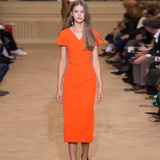 2016秋装新 欧美气质v领短袖修身OL橘色气质长款包裙紧身连衣裙