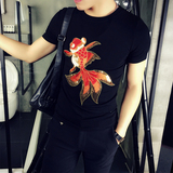 夏季新款韩版流行男装男士个性半袖潮男休闲修身纯棉黑色短袖T恤