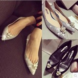 2016新款韩版尖头珍珠水钻平底女鞋浅口平跟休闲时尚婚鞋女式单鞋