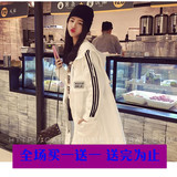 2016春季新款女韩版中长款字母印花连帽收腰系带风衣外套
