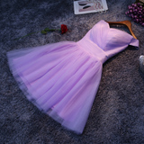 2016新款紫色伴娘服短款新娘婚礼一字肩修身晚礼服伴娘团礼服短款