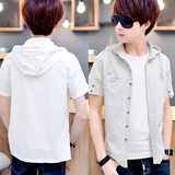 夏天男孩子带帽衣服韩版修身短袖衬衣青少年学生衬衫式半截袖外衣