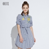 Oece2016秋装新款女装 气质蓝条纹修身衬衫连衣裙秋收腰163FS109