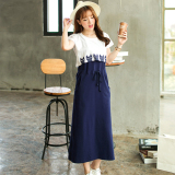 韩版少女学院风夏莫代尔中长款短袖两件套连衣裙夏季女装学生长裙