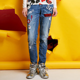 玛玛绨2016新款字母贴布破洞牛仔裤女韩版个性中腰直筒裤休闲长裤