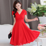 2016夏装新款韩版修身v领大红色雪纺连衣裙女新娘伴娘回门衣服