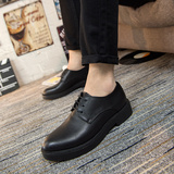 时尚韩版黑色休闲皮鞋男皮鞋系带圆头板鞋真皮英伦平底低帮潮鞋