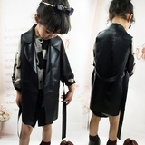 韩国童装女童春装2016新款欧美潮范儿童西装领长款马甲PU外套上衣