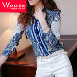 VLAA修身品牌女装2016韩版新款上衣春秋印花雪纺衬衣长袖打底衬衫