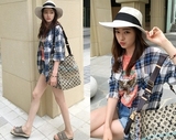 韩国品牌代购夏季韩版纯棉格子七分喇叭袖毛边森系女士短款衬衫