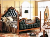 美式实木四柱床架子床欧式实木双人床真皮靠背深色雕花床奢华婚床