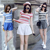 夏季女装韩版运动休闲时尚泡泡袖条纹短袖修身上衣阔腿短裤两件套