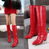 2015新款春秋冬女加绒长筒靴中高跟真皮坡跟长靴尖头红色骑士靴子