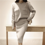 韩国代购秋装修身显瘦包臀裙套装兔毛毛衣针织裙连衣裙裙装两件套