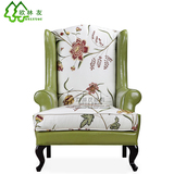 欧式美式乡村单人真皮沙发椅 客厅卧室创意花布形象椅 高背老虎椅