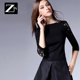 ZK2016春装新款百搭镂空针织衫拼接蕾丝衫修身显瘦打底衫短款女装