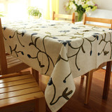 清新鲁绣粗布桌布 高品质花卉图案餐桌布 手工刺绣花茶几台布盖布