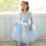 韩国进口儿童舞蹈服装演出练功服女孩蓝色蓬蓬长裙女童芭蕾半身裙