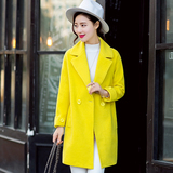 2015冬装韩版时尚羊绒呢子大衣宽松大码茧型中长款毛呢外套女黄色