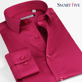 SmartFive 玫红色三丝光棉男士长袖衬衣韩版修身免烫新郎结婚衬衫