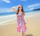 夏季韩版海边度假沙滩裙波西米亚短款吊带碎花雪纺连衣裙V领短裙