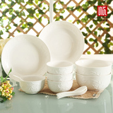 餐具套装碗盘纯白浮雕高档日式加厚防烫碗碟套装4人家用微波炉碗