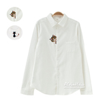 初语新款白衬衫女2015猫咪刺绣卡通潮流休闲长袖俏皮猫咪刺绣衬衫