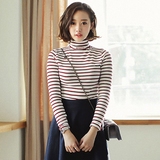 韩国高领T恤女装春季修身显瘦纯棉长袖薄款套头打底衫条纹上衣 潮