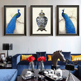 美式装饰画 现代沙发背景墙画 欧式客厅三联壁挂画 蓝孔雀有框画