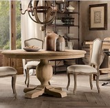 美式乡村复古实木圆餐桌 原木色仿古做旧实木餐桌餐椅 可定制