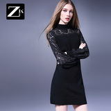 ZK女装2016冬装新款纯色圆领蕾丝拼接灯笼袖打底连衣裙修身一步裙