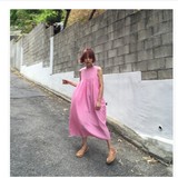 韩国 CHIC 个性玫粉色高腰娃娃连衣裙