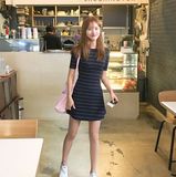 2016夏韩国正品代购女装cherrykoko 甜美风细条纹修身连衣裙